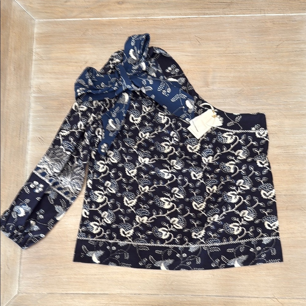 Ulla Johnson Asima Blouse. Handmade! Never worn! Navy Floral One-Shoulder Top